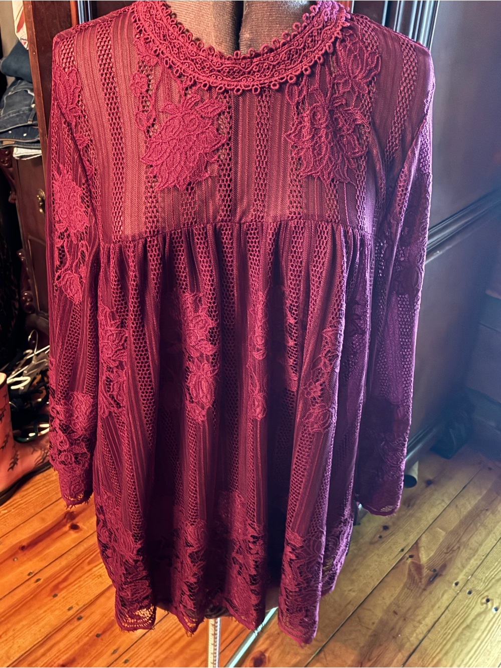 Chance or Fate Burgundy Lace-Embroidered Babydoll Tunic